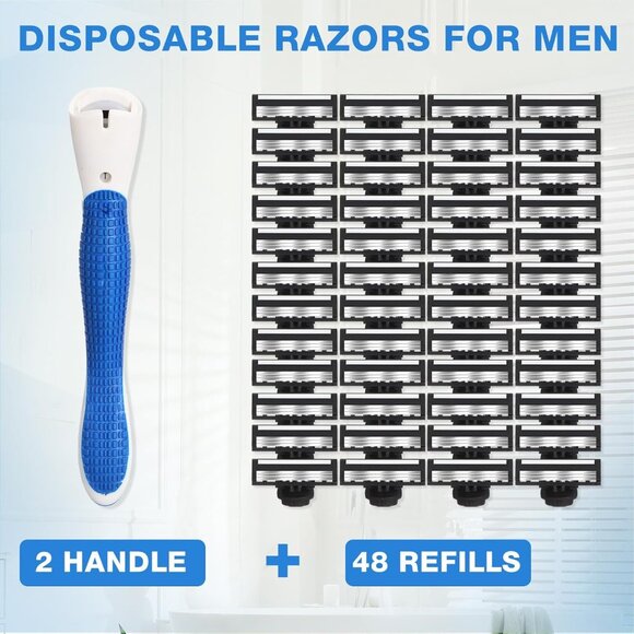 50 Pcs Refillable Three Blade Disposable Razors for Men Sensitive Skin - Picture 2 of 7